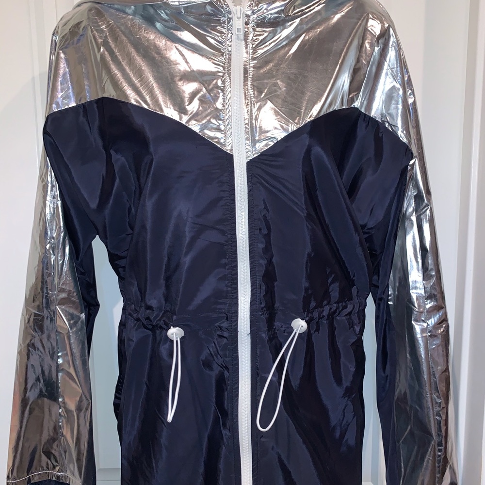 Navy & Silver Drawstring Waist Hooded Windbreaker - Picture 10 of 12